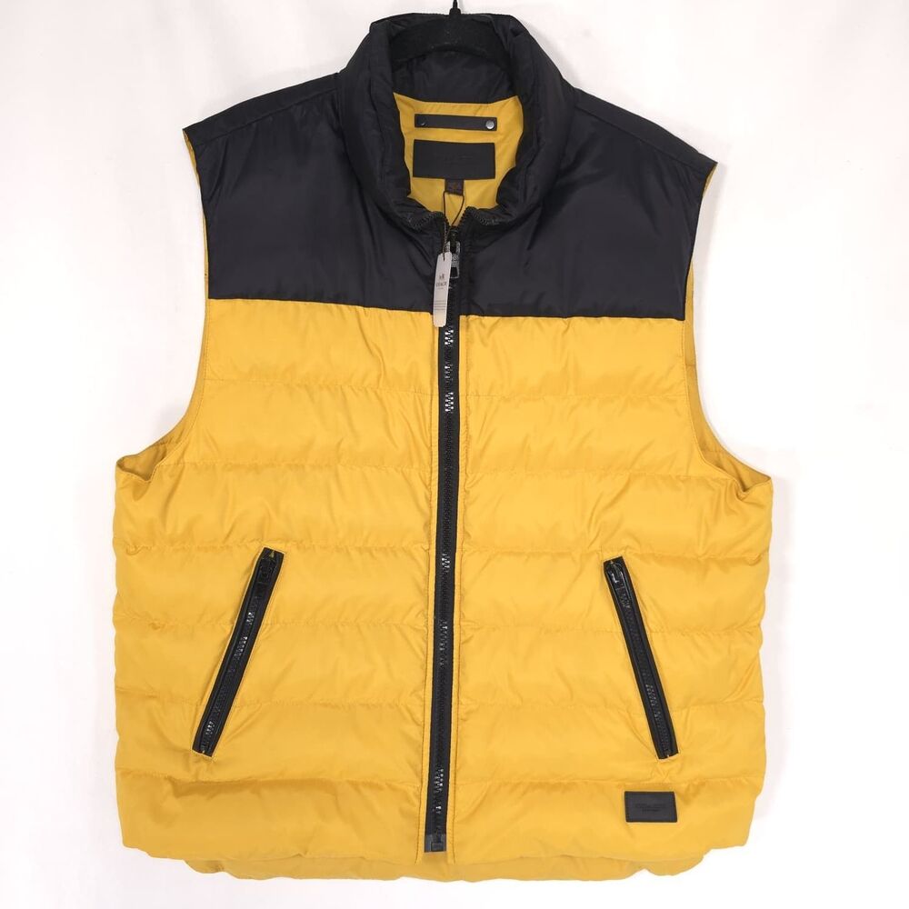 COACH Mens New Vest Black Yellow LARGE Full Zip Puffer Down Outdoor F85843